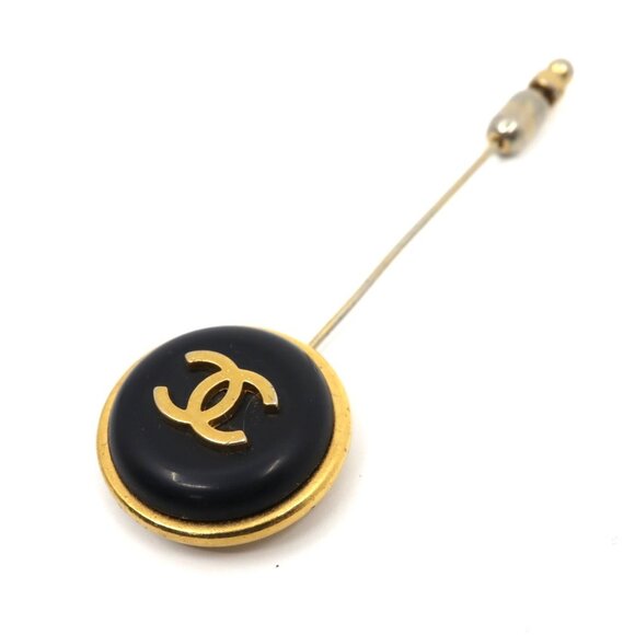 CHANEL Jewelry - CHANEL Coco Mark Lapel Pin/Tie Clip Brooch in Gold and Black with Engraved Lo...
